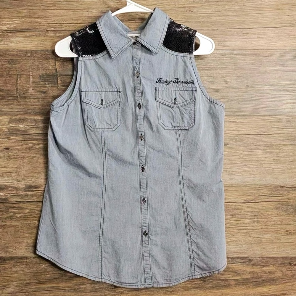 Harley-Davidson Gray Sleeveless Shirt with Black Lace Accents